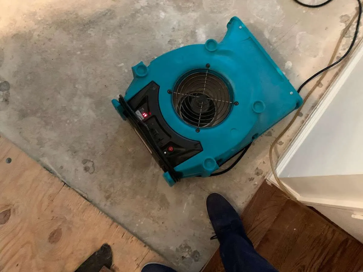 Air mover drying subfloor during Commercial Water Damage Restoration in Van Wert
